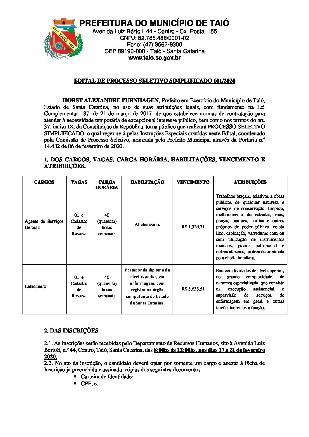 EDITAL DO PROCESSO SELETIVO SIMPLIFICADO 001/2020