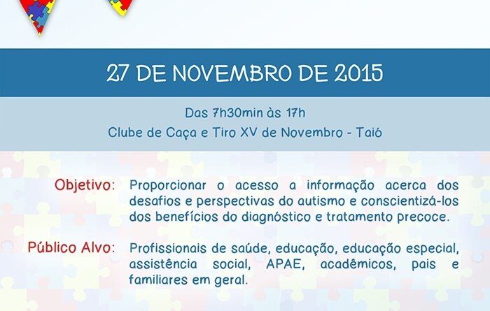 A Prefeitura Municipal de Taió, por meio da Secretaria de Saúde Municipal, em parceria com a Associação dos Municípios do Alto Vale do Itajaí (AMAVI), promoverá no dia 27 de novembro, o primeiro Seminário Regional Sobre Autismo.